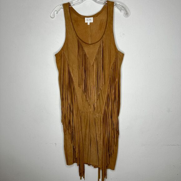 Belair Calvi Camel-Tan Goat Suede Sleeveless Fringed Scoop Neck Mini Dress T2 - Picture 15 of 16